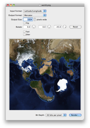 Screen shot of Planet Tool 0.4.2 for Mac OS X, showing a Mercator projection of the Earth taken at a 45° angle.